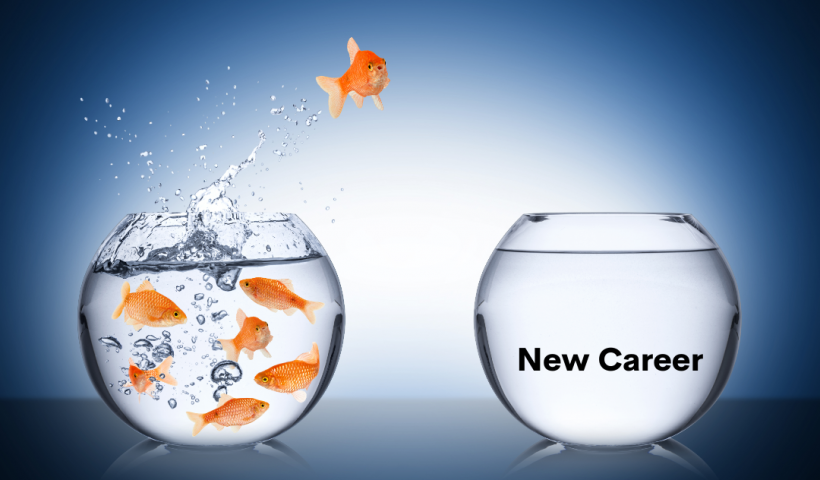 New career, career change, fish jumping out of water in a new bowl labelled new career